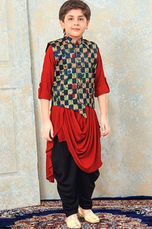 Red Rayon Festival Wear Printed Work Kids Kurta Pajama