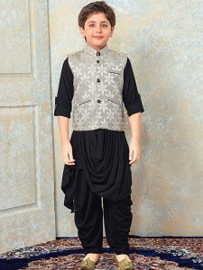 Black Rayon Festival Wear Printed Work Kids Kurta Pajama