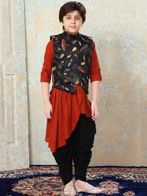 Red Rayon Fstival Wear Printed Work Kids Kurta Pajama