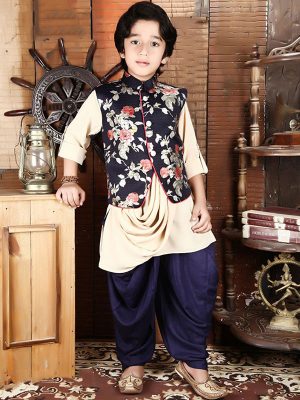 Beige Rayon Festival Wear Printed Work Kids Kurta Pajama