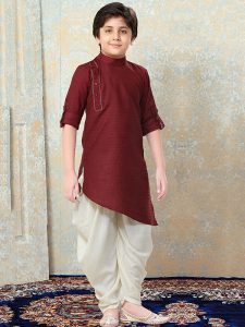 Maroon Art Silk Festival Wear Plain Kids Kurta Pajama