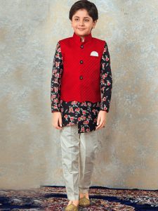 Navy Blue Cotton Festival Wear Digital Print Kids Kurta Pajama