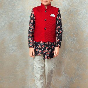 Navy Blue Cotton Festival Wear Digital Print Kids Kurta Pajama