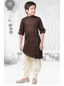 Brown Cotton Satin Festival Wear Plain Kids Kurta Pajama