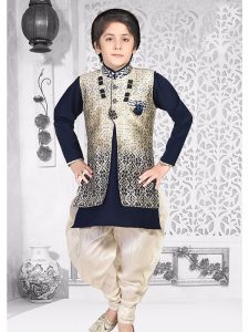 Navy Blue Satin Festival Wear Printed Work Kids Kurta Pajama