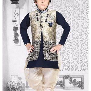 Navy Blue Satin Festival Wear Printed Work Kids Kurta Pajama