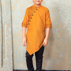 Orange Cotton Festival Wear Printed Work Kids Kurta Pajama