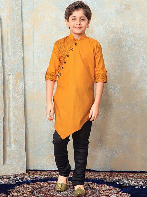 Orange Cotton Festival Wear Printed Work Kids Kurta Pajama