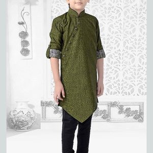 Green Cotton Festival Wear Printed Work Kids Kurta Pajama