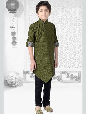 Green Cotton Festival Wear Printed Work Kids Kurta Pajama