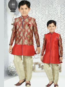 Red Dhupion Festival Wear Zari Work Kids Kurta Pajama