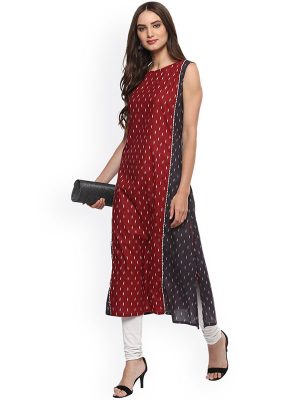 Women Maroon & Black Printed Straight Kurta