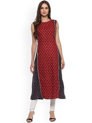 Women Maroon & Black Printed Straight Kurta