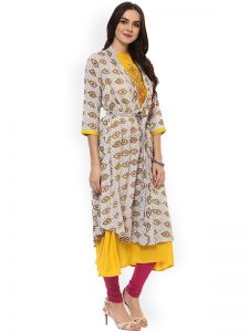 Women Yellow & Coffee Brown Printed Anarkali Kurta