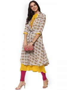 Women Yellow & Coffee Brown Printed Anarkali Kurta