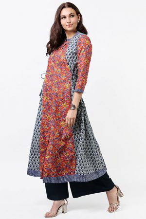 Women Red & Orange Printed A-Line Kurta