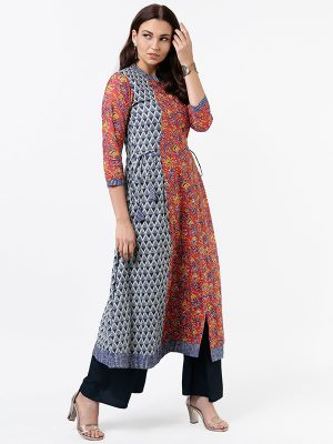 Women Red & Orange Printed A-Line Kurta