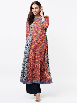 Women Red & Orange Printed A-Line Kurta