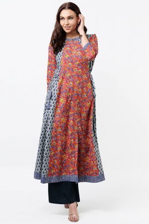 Women Red & Orange Printed A-Line Kurta