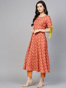 Women Rust Orange & Mustard Yellow Printed A-Line Kurta