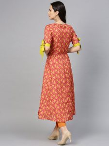 Women Rust Orange & Mustard Yellow Printed A-Line Kurta