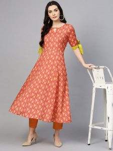 Women Rust Orange & Mustard Yellow Printed A-Line Kurta