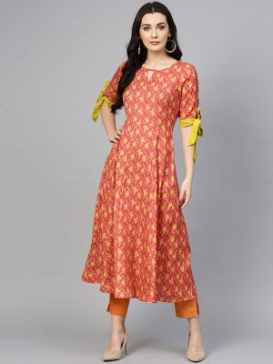 Women Rust Orange & Mustard Yellow Printed A-Line Kurta