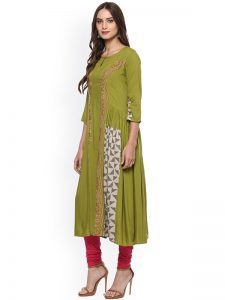 Women Green Embroidered A-Line Kurta