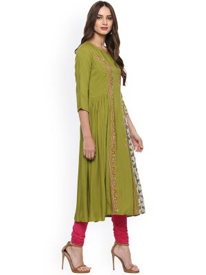 Women Green Embroidered A-Line Kurta