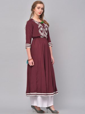 Women Maroon Embroidered A-Line Kurta