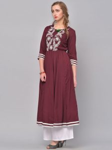 Women Maroon Embroidered A-Line Kurta