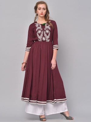 Women Maroon Embroidered A-Line Kurta