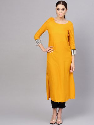 Women Mustard & White Solid A-Line Kurta