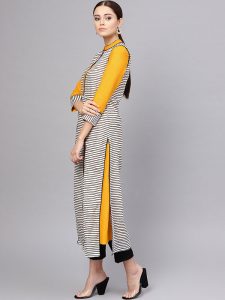 Women Mustard & White Solid A-Line Kurta