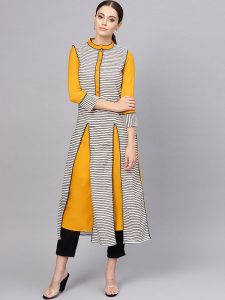 Women Mustard & White Solid A-Line Kurta