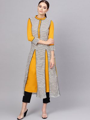 Women Mustard & White Solid A-Line Kurta