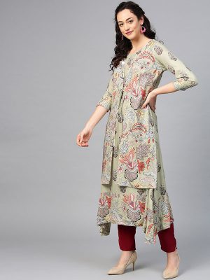 Women Green & Brown Printed Layered A-Line Kurta