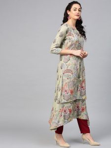 Women Green & Brown Printed Layered A-Line Kurta