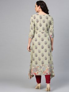 Women Green & Brown Printed Layered A-Line Kurta