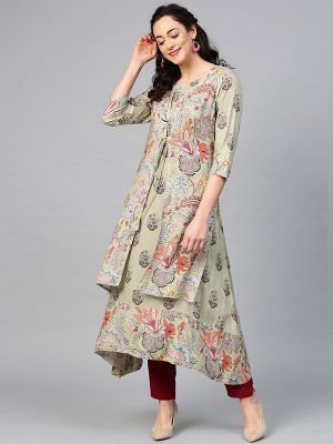 Women Green & Brown Printed Layered A-Line Kurta