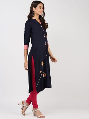 Women Navy Blue & Yellow Embroidered Straight Kurta