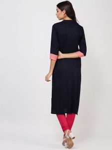 Women Navy Blue & Yellow Embroidered Straight Kurta