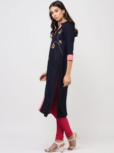 Women Navy Blue & Yellow Embroidered Straight Kurta