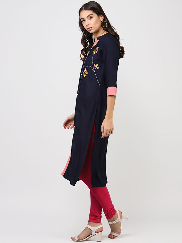 Women Navy Blue & Yellow Embroidered Straight Kurta - Zakarto