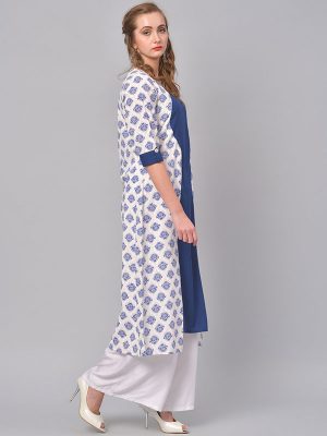 Women Blue & White Printed A-Line Kurta