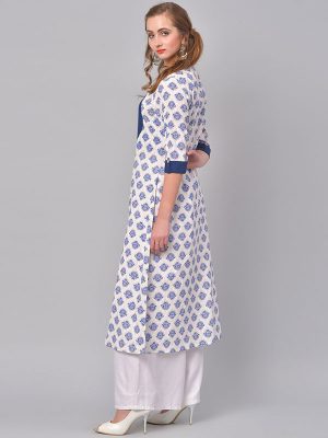 Women Blue & White Printed A-Line Kurta