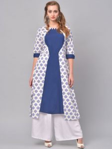 Women Blue & White Printed A-Line Kurta