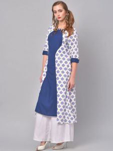 Women Blue & White Printed A-Line Kurta