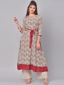 Women Beige Printed A-Line Kurta