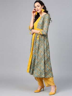 Women Green & Mustard Yellow Printed A-Line Kurta